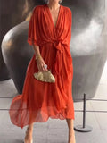 Full Size Chiffon Wrap Dress with Flutter Sleeves Plus Size in Orange-Red