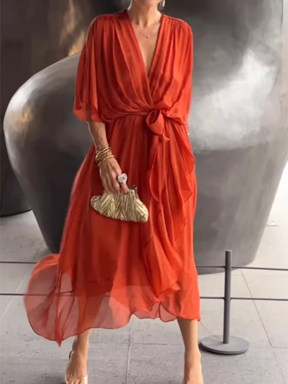 Full Size Chiffon Wrap Dress with Flutter Sleeves Plus Size - Lilixa.store