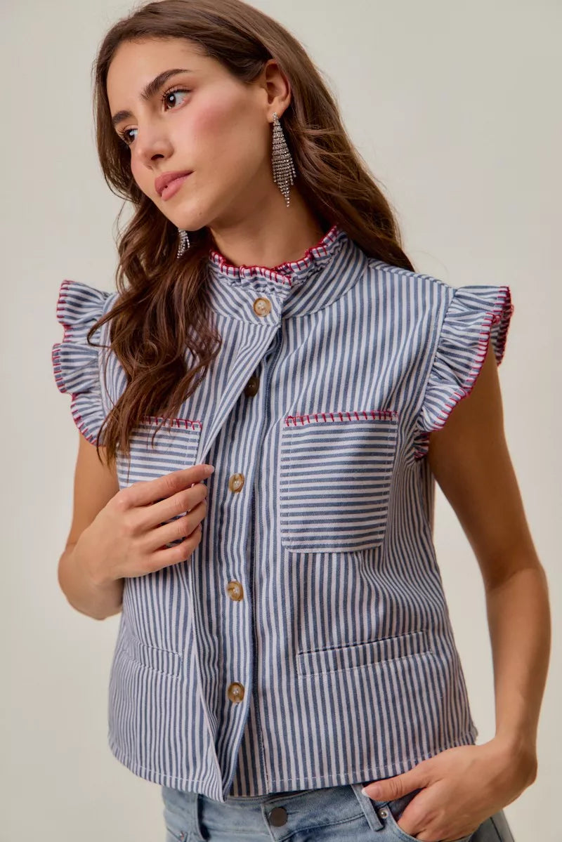 SO ME Stripe Twill Stitch Ruffled Hidden Button Vest Top - Lilixa.store