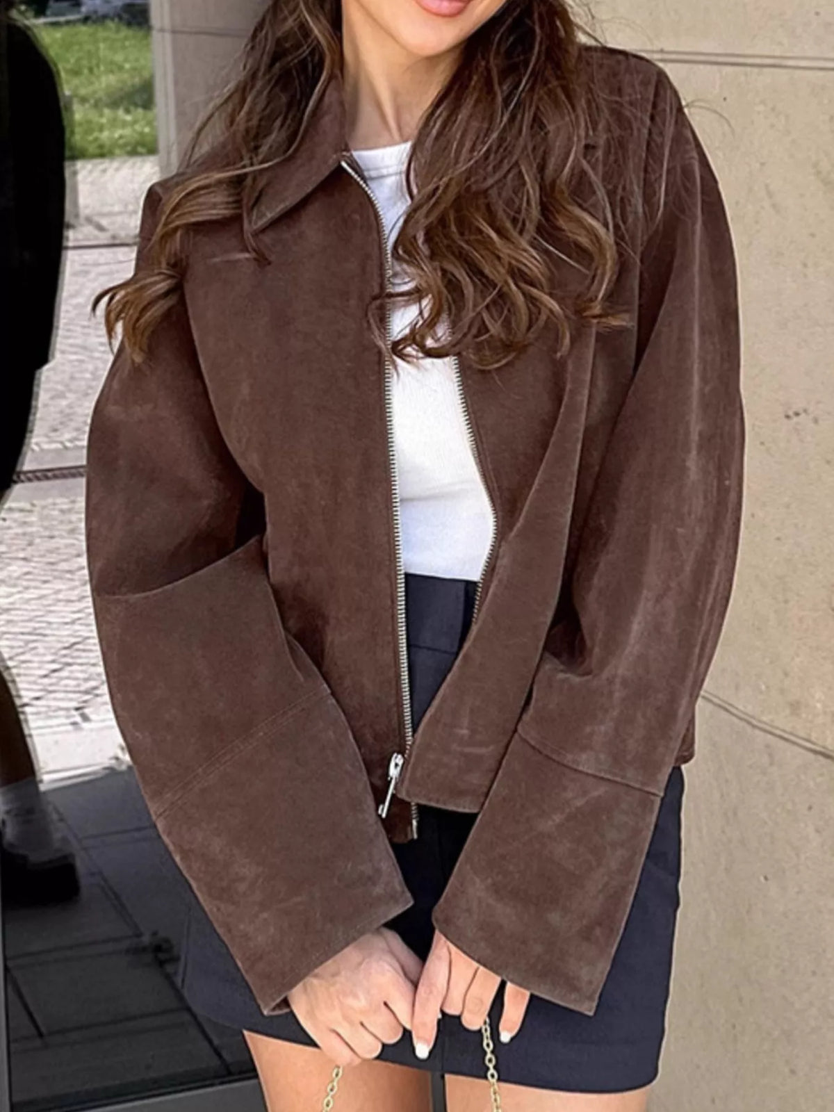 Zip-Up Dropped Shoulder Jacket in Brown
