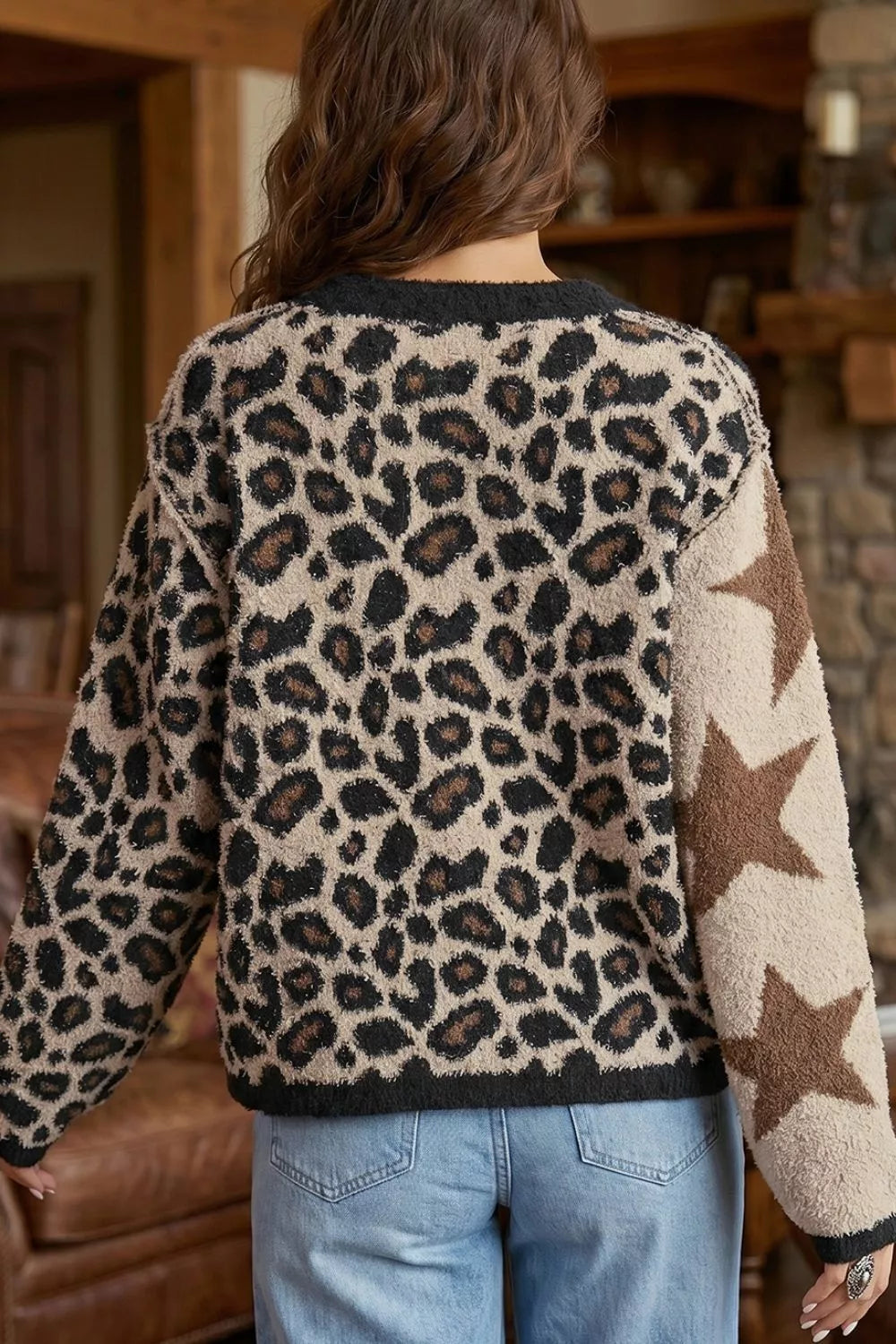 Leopard Star Pattern Round Neck Long Sleeve Shift Sweater - Lilixa.store