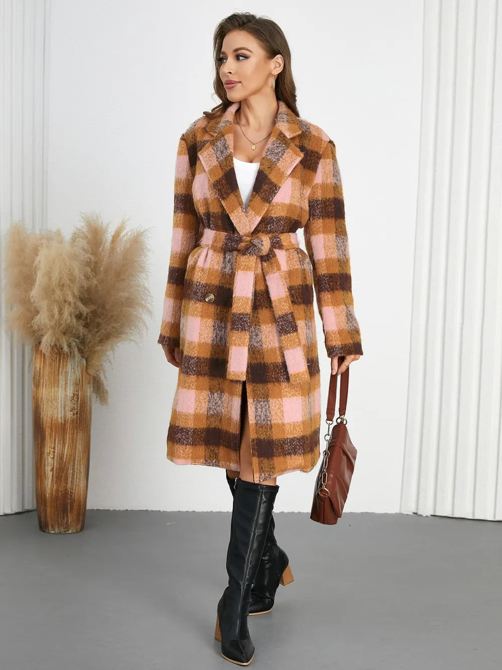 Tied Plaid Collared Neck Coat, view 11