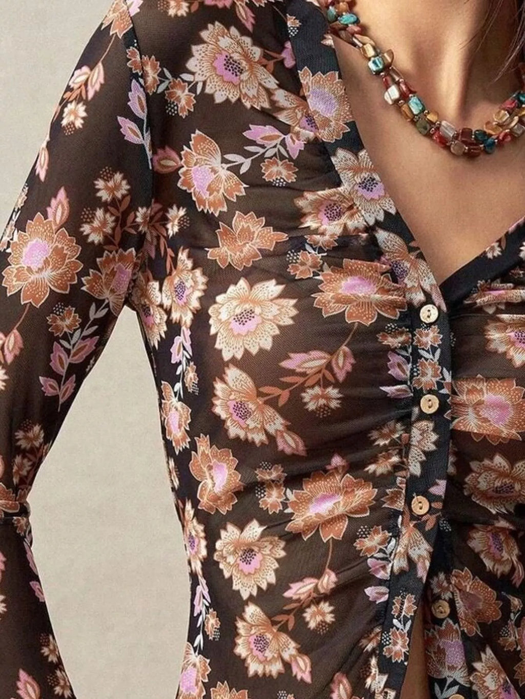 Printed Flare Sleeve Button Down Top - Lilixa.store