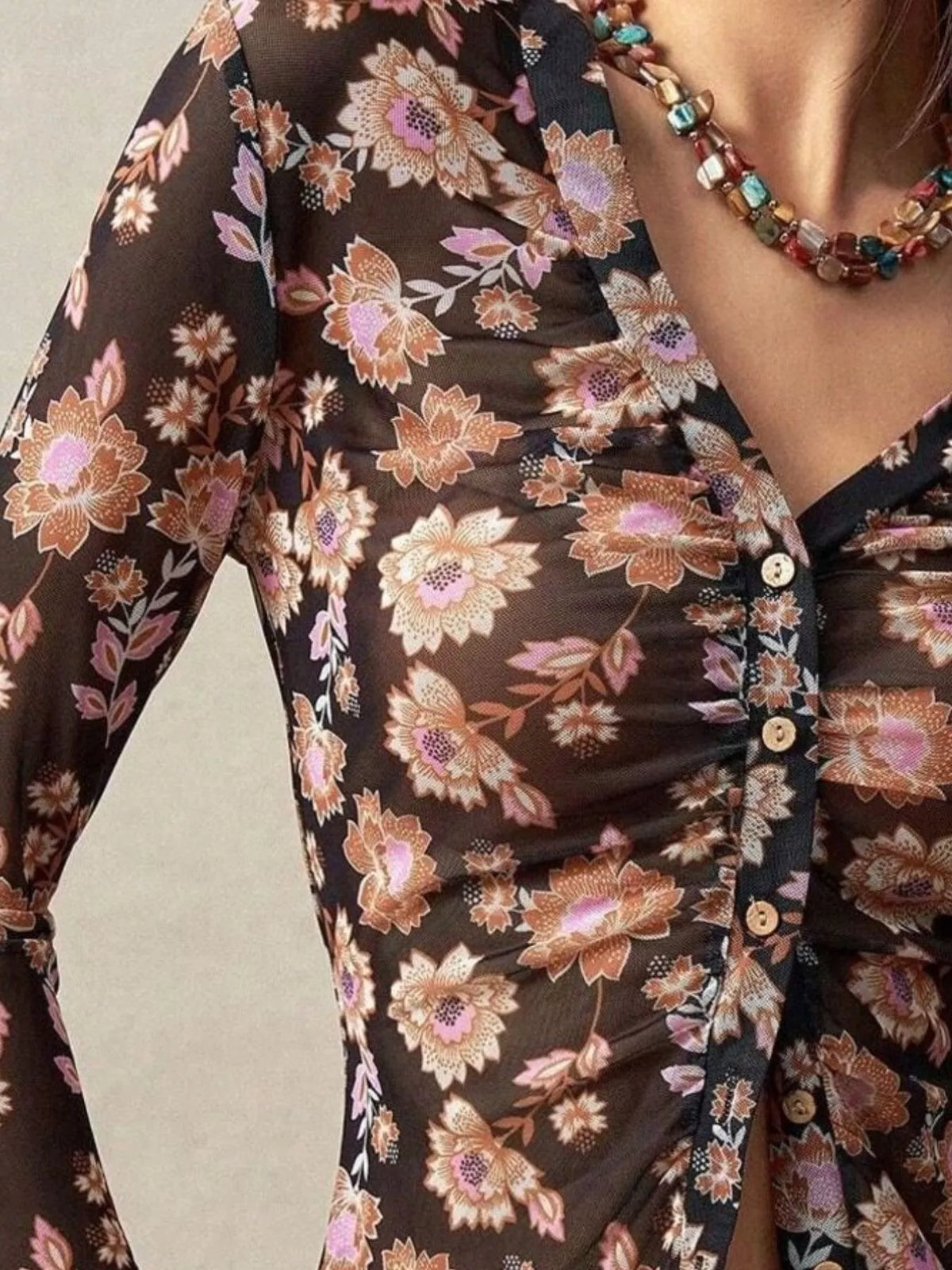 Printed Flare Sleeve Button Down Top