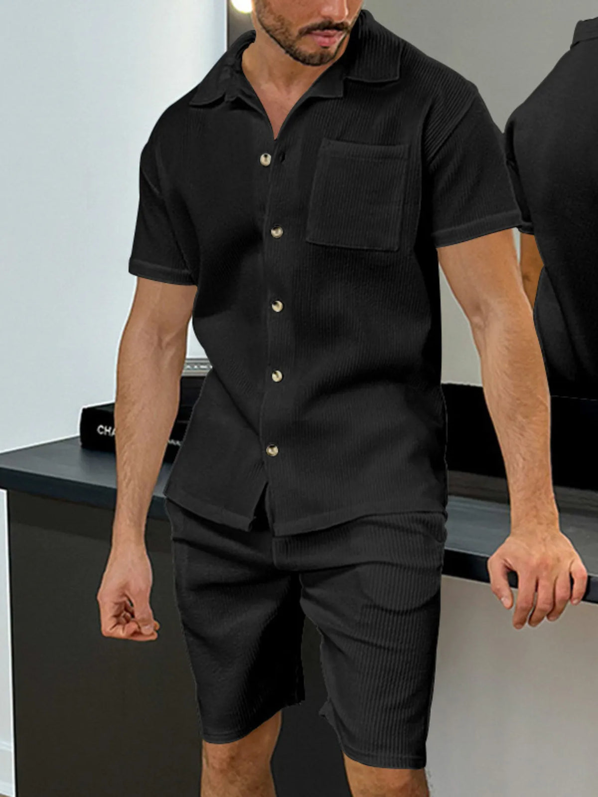 Men's Full Size Button Up Top and Shorts Set Plus Size in Black