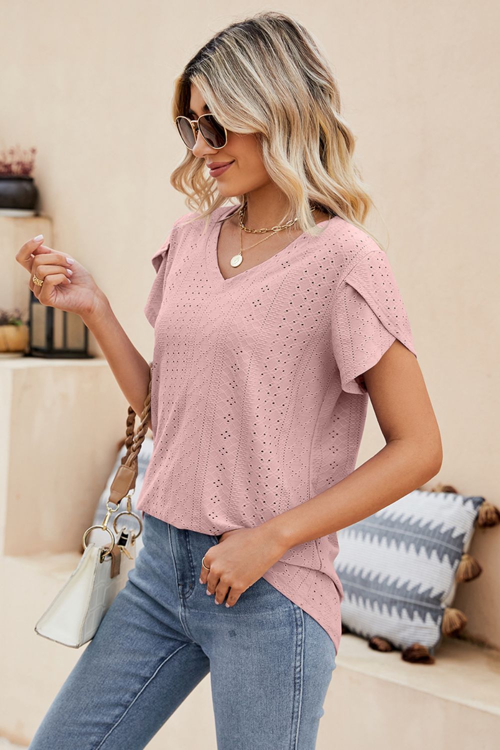 Eyelet Petal Sleeve V-Neck Knit Top, view 17
