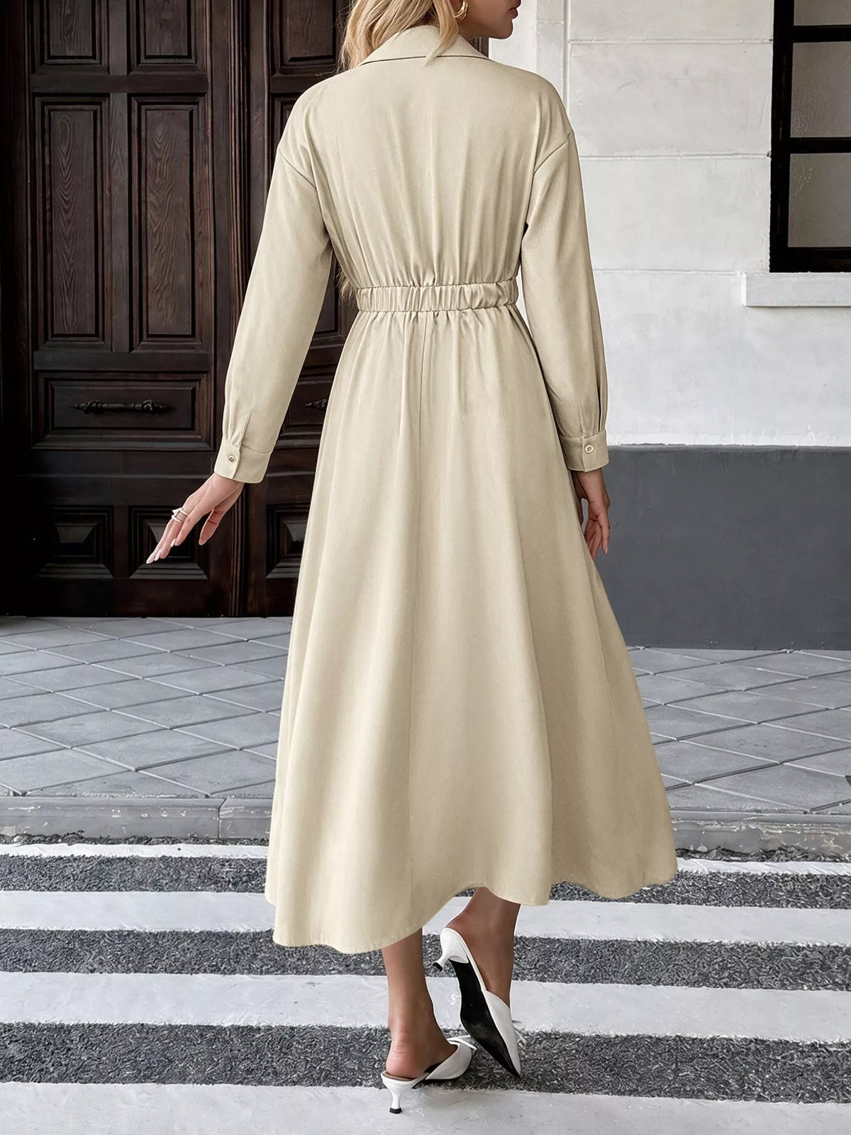 Pleated Button Detail Long Sleeve Shirt Dress