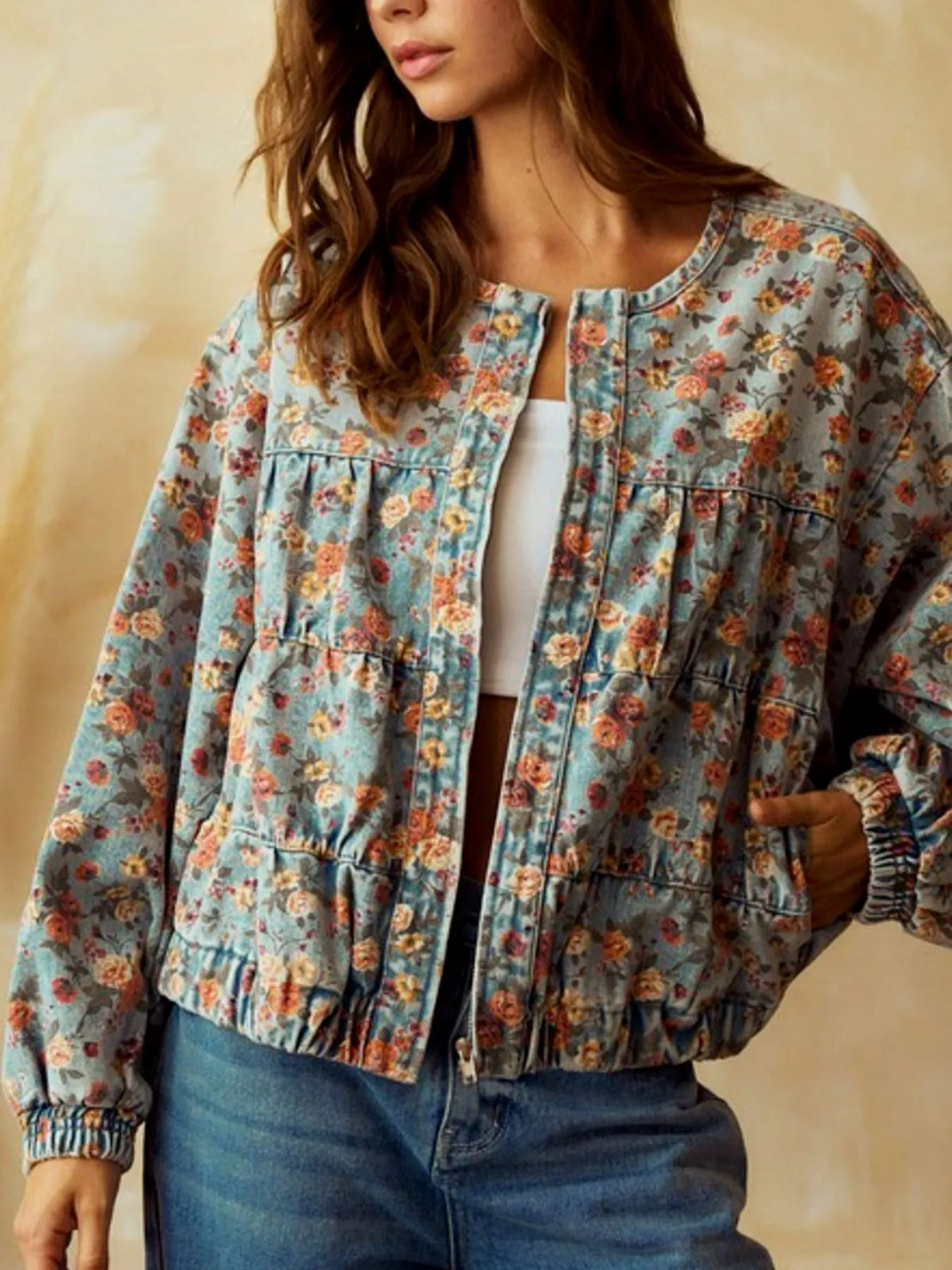 Floral Print Zip Up Cropped Denim Jacket, view 5