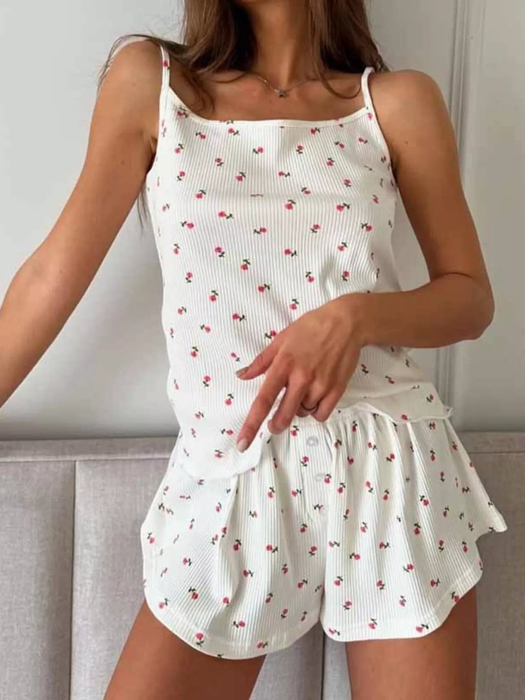 Floral Print Ribbed Knit Cami and Shorts Lounge Set - Lilixa.store