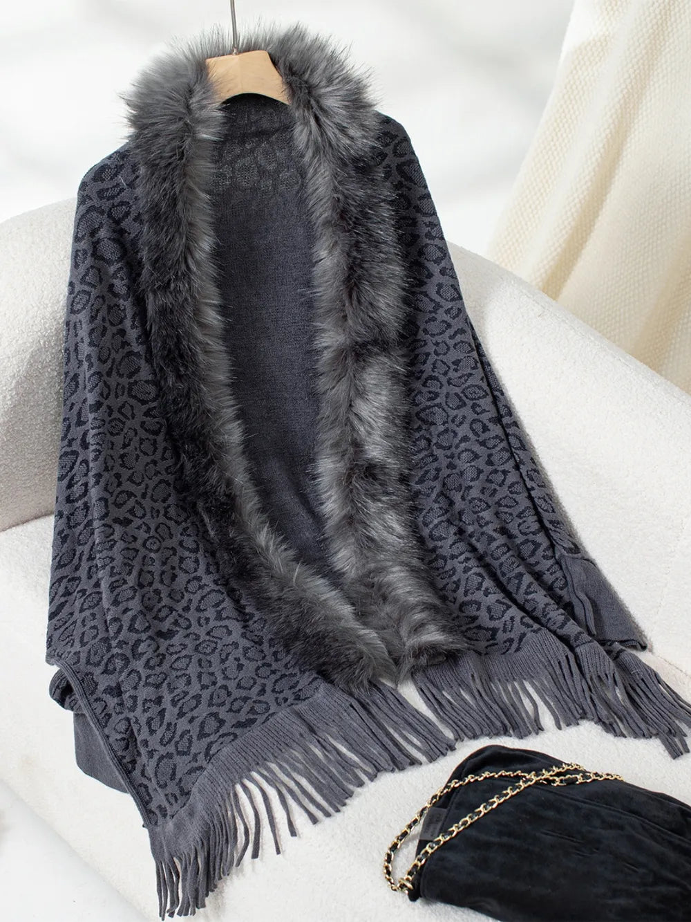 Fringe Leopard Open Front Long Sleeve Poncho in Indigo