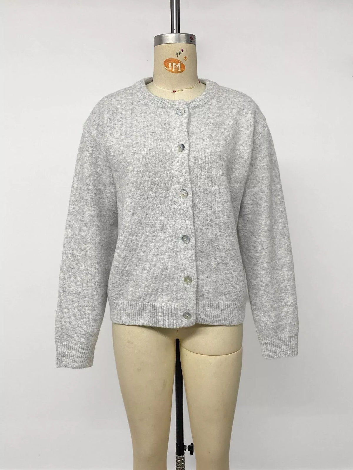 Crew Neck Button-Down Cardigan in Gray/white, view 20