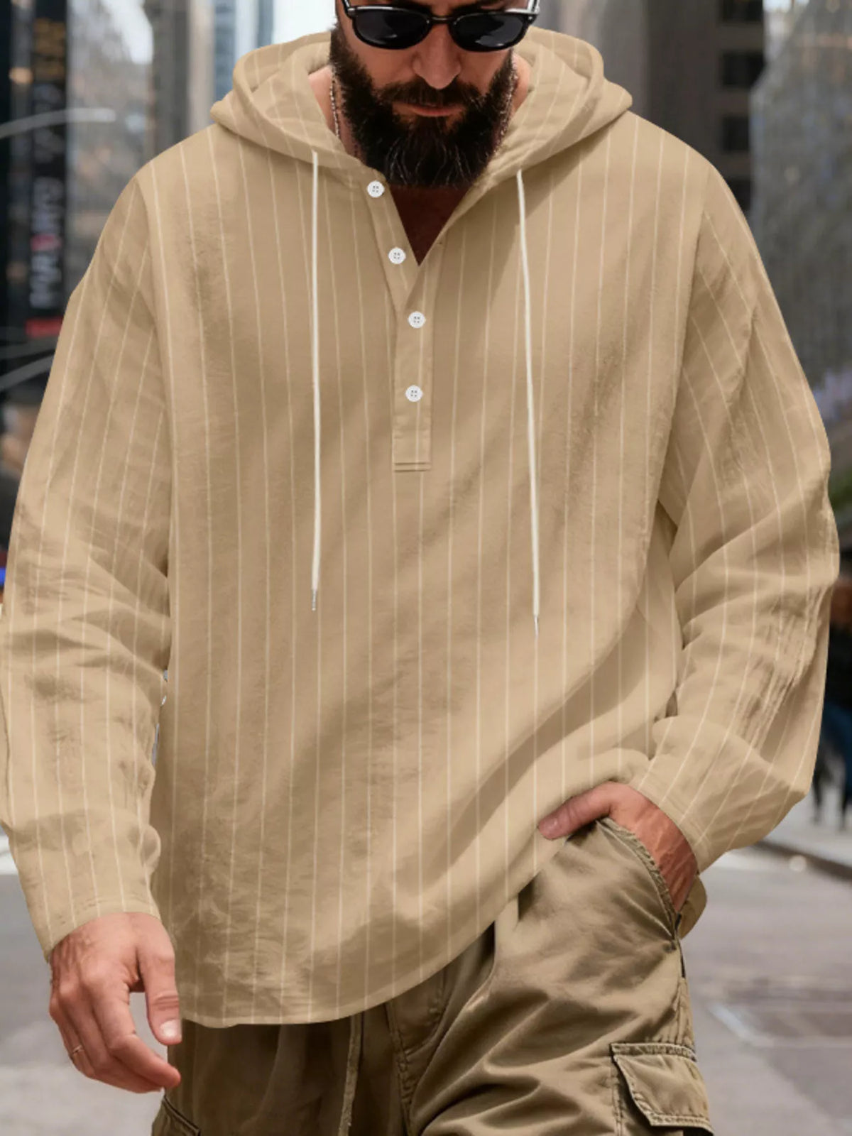 Men's Full Size Casual Striped Henley Hoodie with Drawstring Plus Size in Khaki