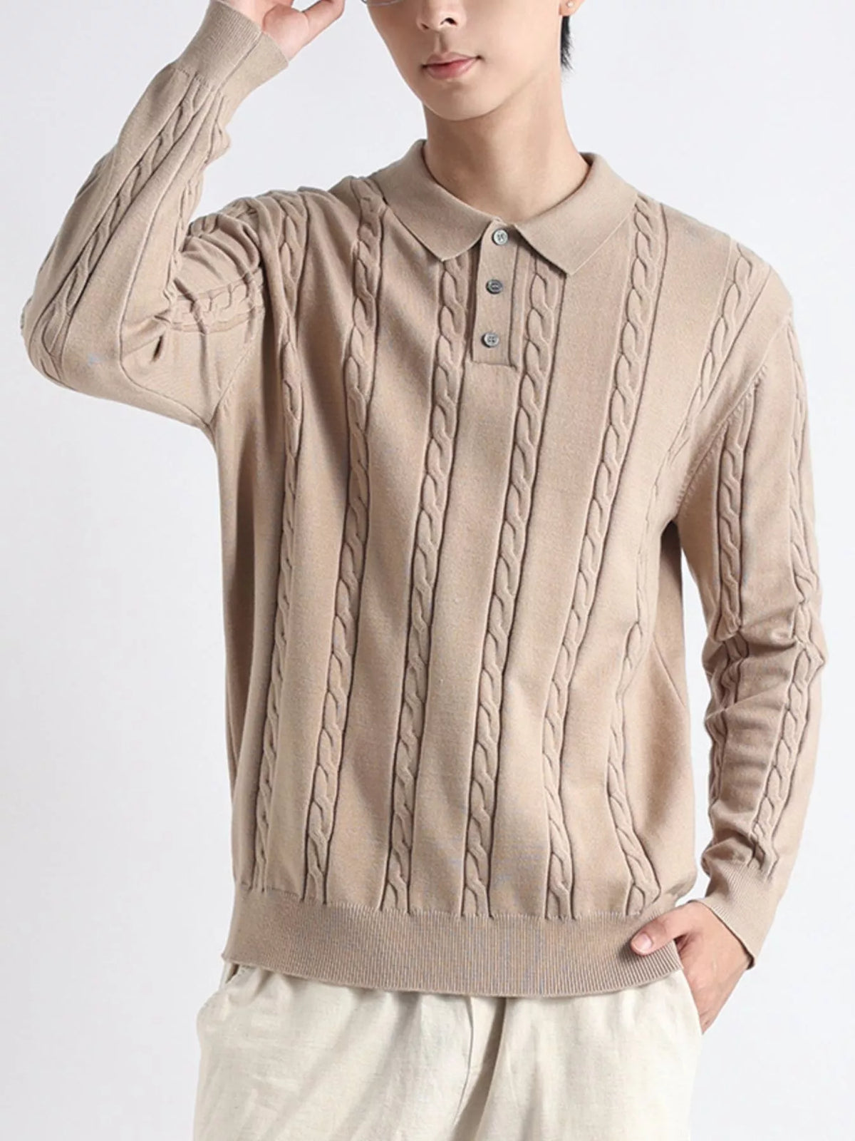 Men's Plus Size Cable-Knit Polo Collar Sweater - Lilixa.store