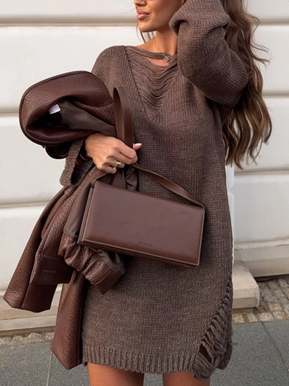 Distressed Dropped Shoulder Sweater Dress