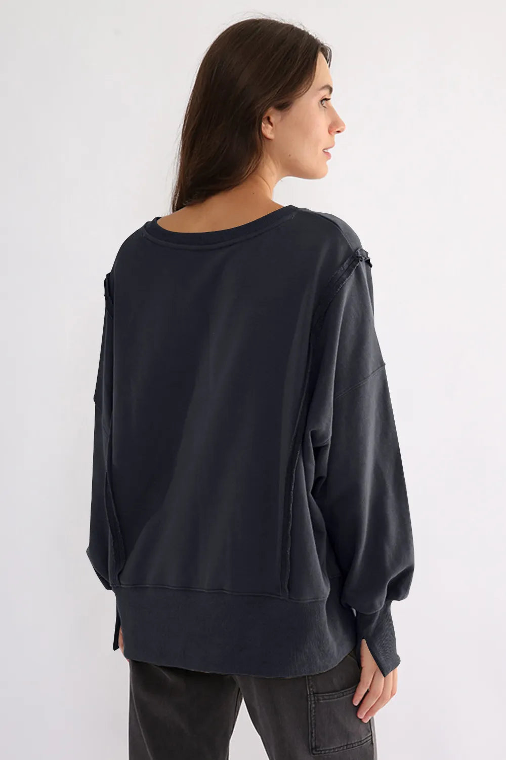 Exposed Seam High-Low Long Sleeve Sweatshirt - Lilixa.store
