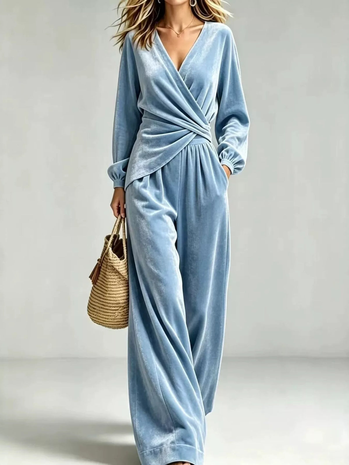 Velvet Wrap-Front Top and Pants Set