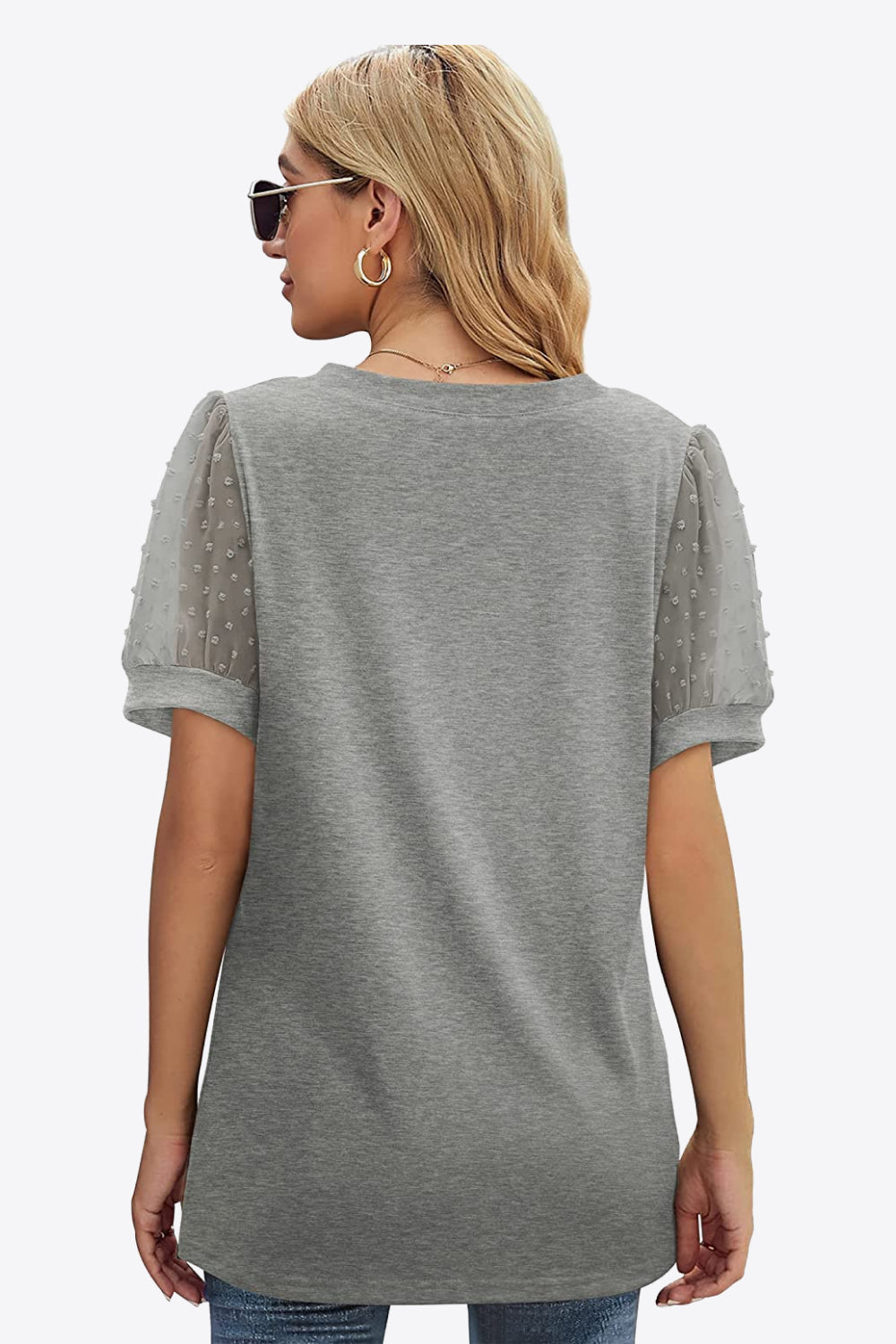 Swiss Dot Puff Sleeve V-Neck Tee - Lilixa.store