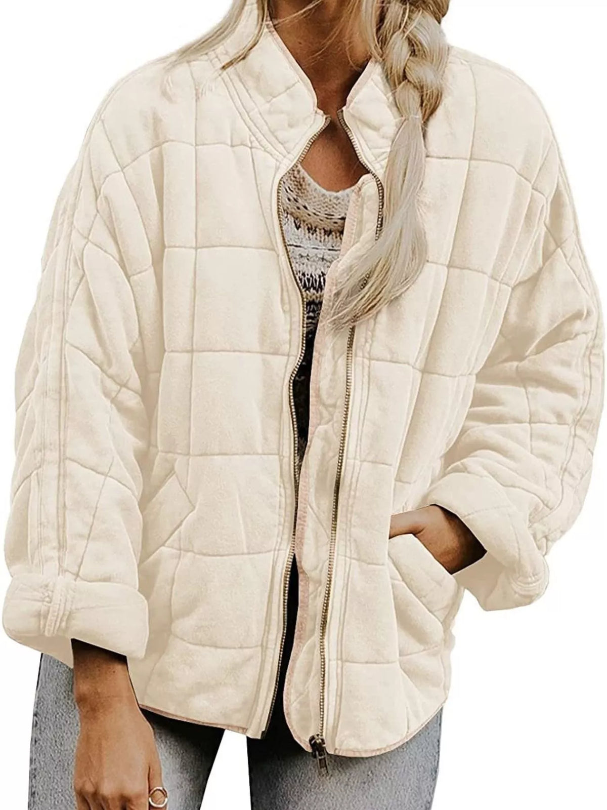 Quilted Zip Up Outerwear in Rice White