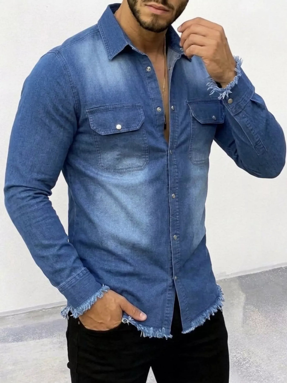 Men's Frayed Hem Denim Shirt - Lilixa.store