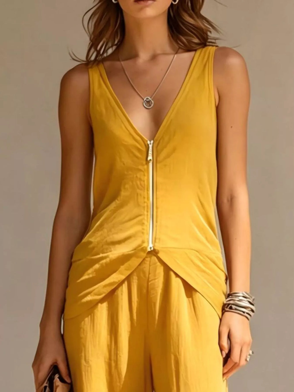 Full Size Zipper Front Tank and Wide-Leg Pants Set Plus Size - Lilixa.store