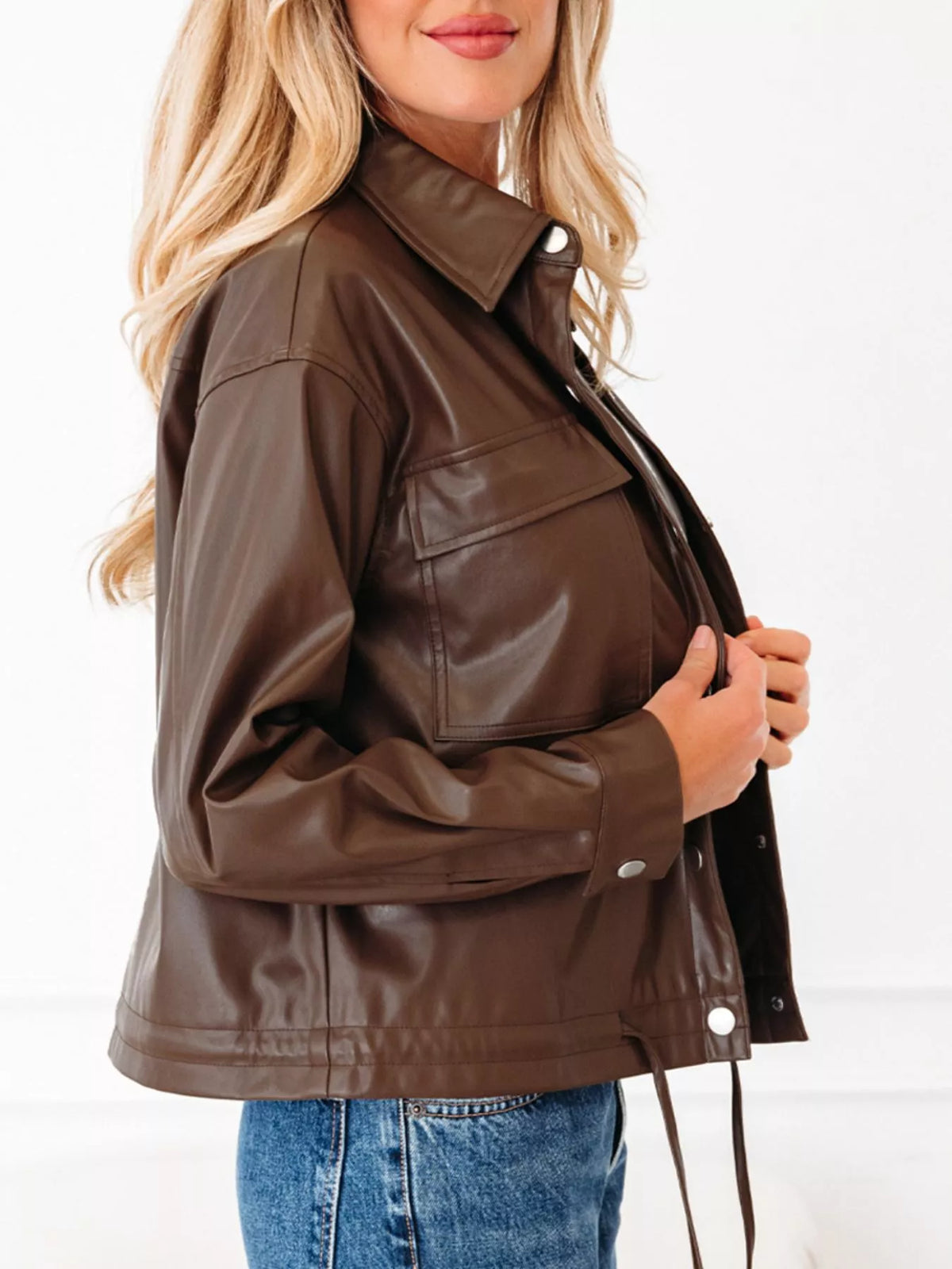Double Flap Pocket Drawstring Hem Leather Jacket in Dark Brown, view 6