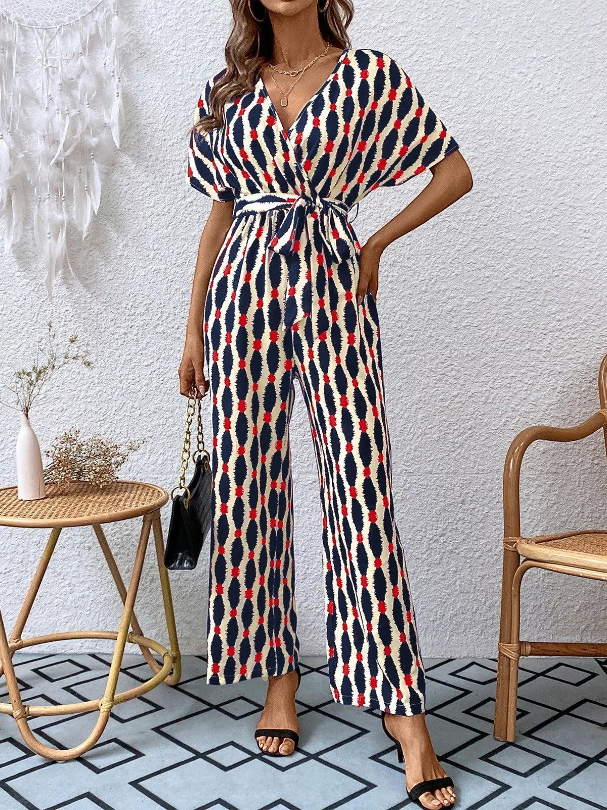 Printed Surplice Tie Waist Short Sleeve Jumpsuit - Lilixa.store