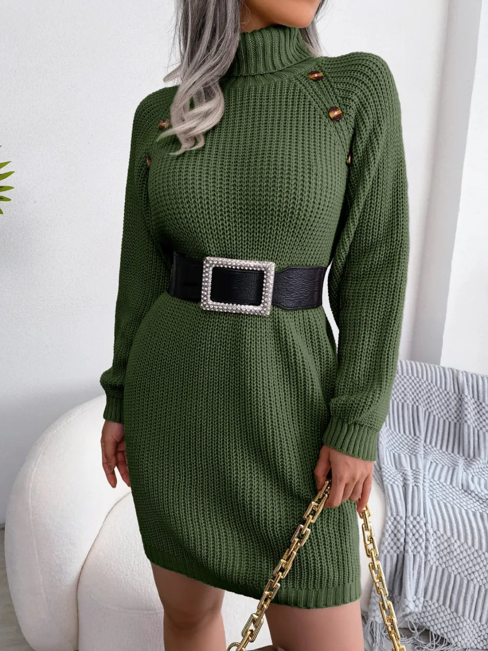 Decorative Button Turtleneck Sweater Dress, view 5