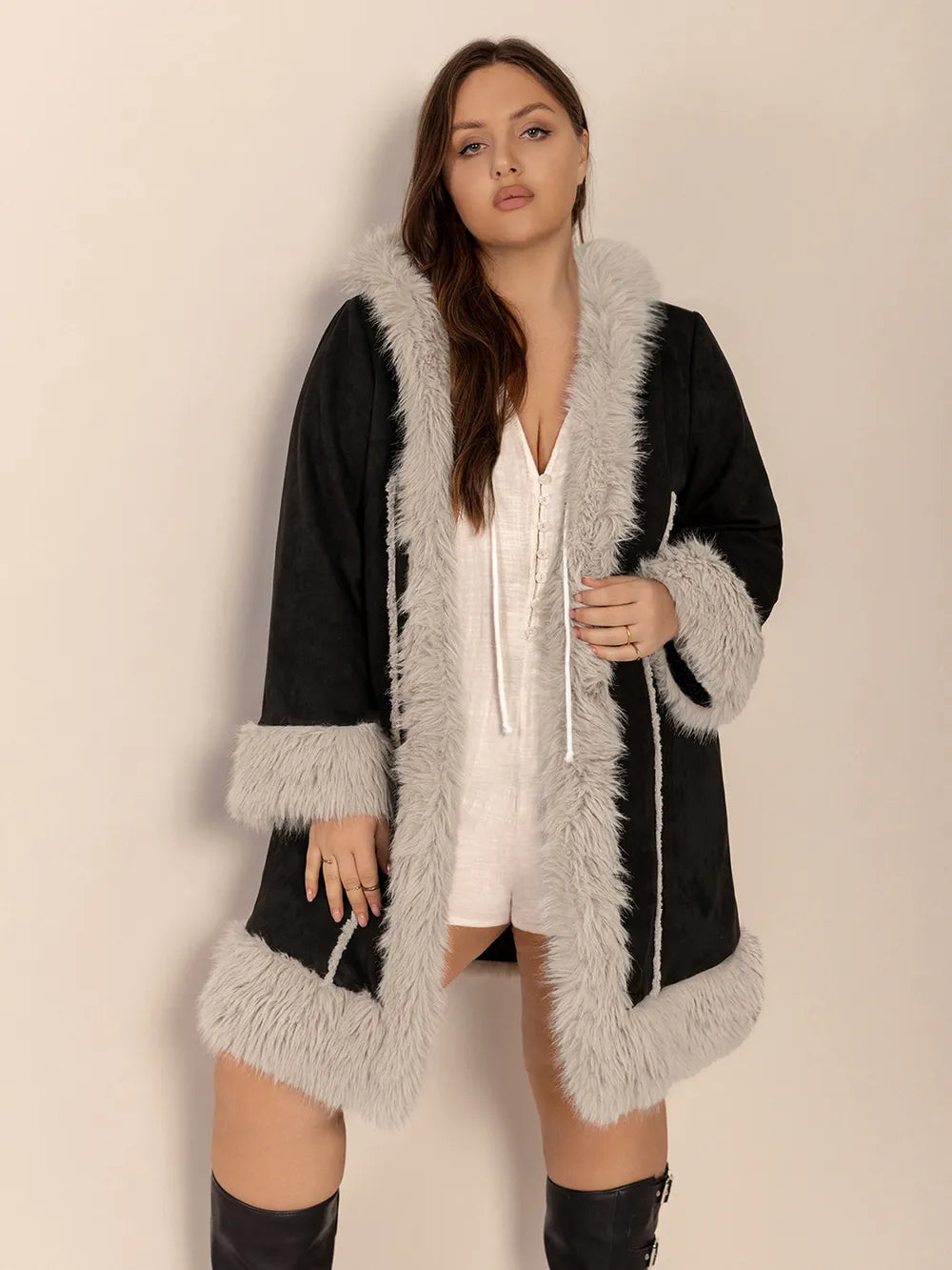 Plus Size Fuzzy Trim Open Front Long Sleeve Hooded Coat in Black, view 5