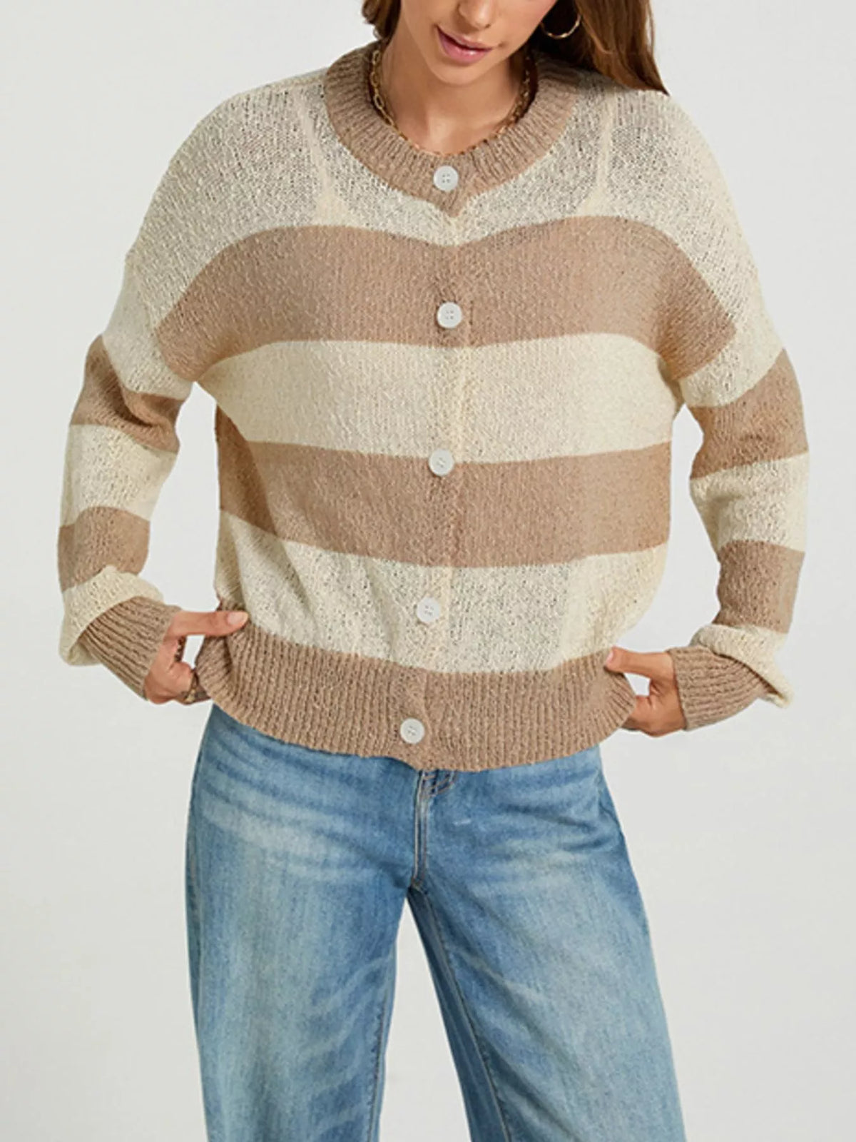 Casual Striped Button-Down Knit Cardigan - Lilixa.store