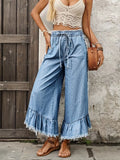 Drawstring Wide-Leg Ruffle Hem Jeans - Lilixa.store