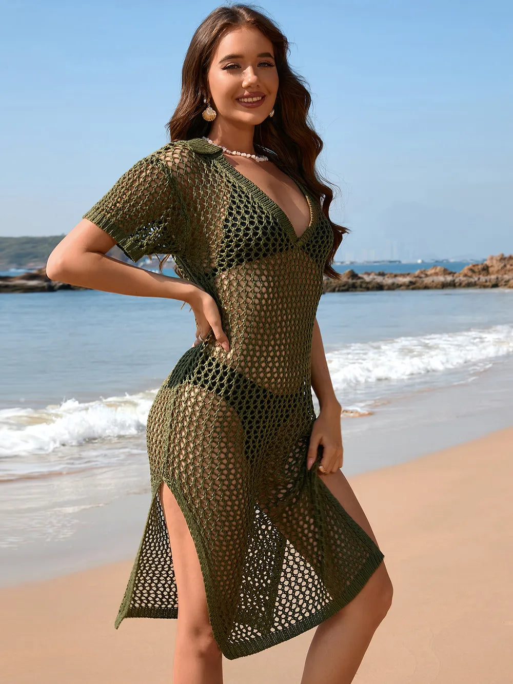 Slit Openwork Johnny Collar Short Sleeve Cover-Up in Matcha Green