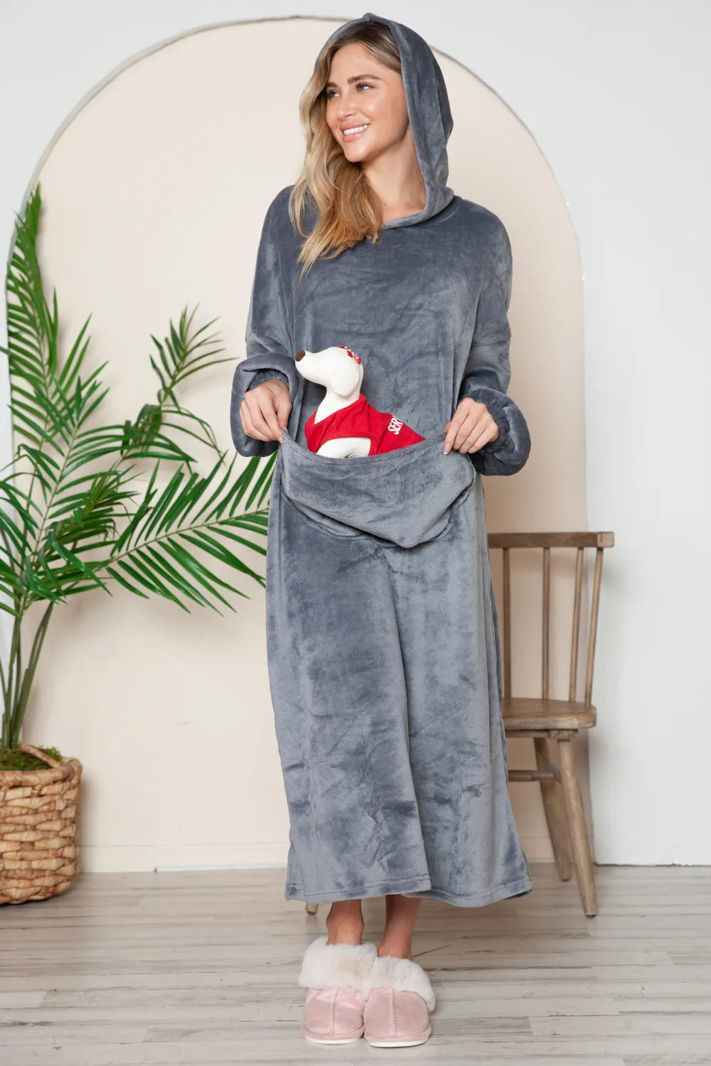 Double Take Full Size Pocketed Hooded Midi Lounge Dress - Lilixa.store