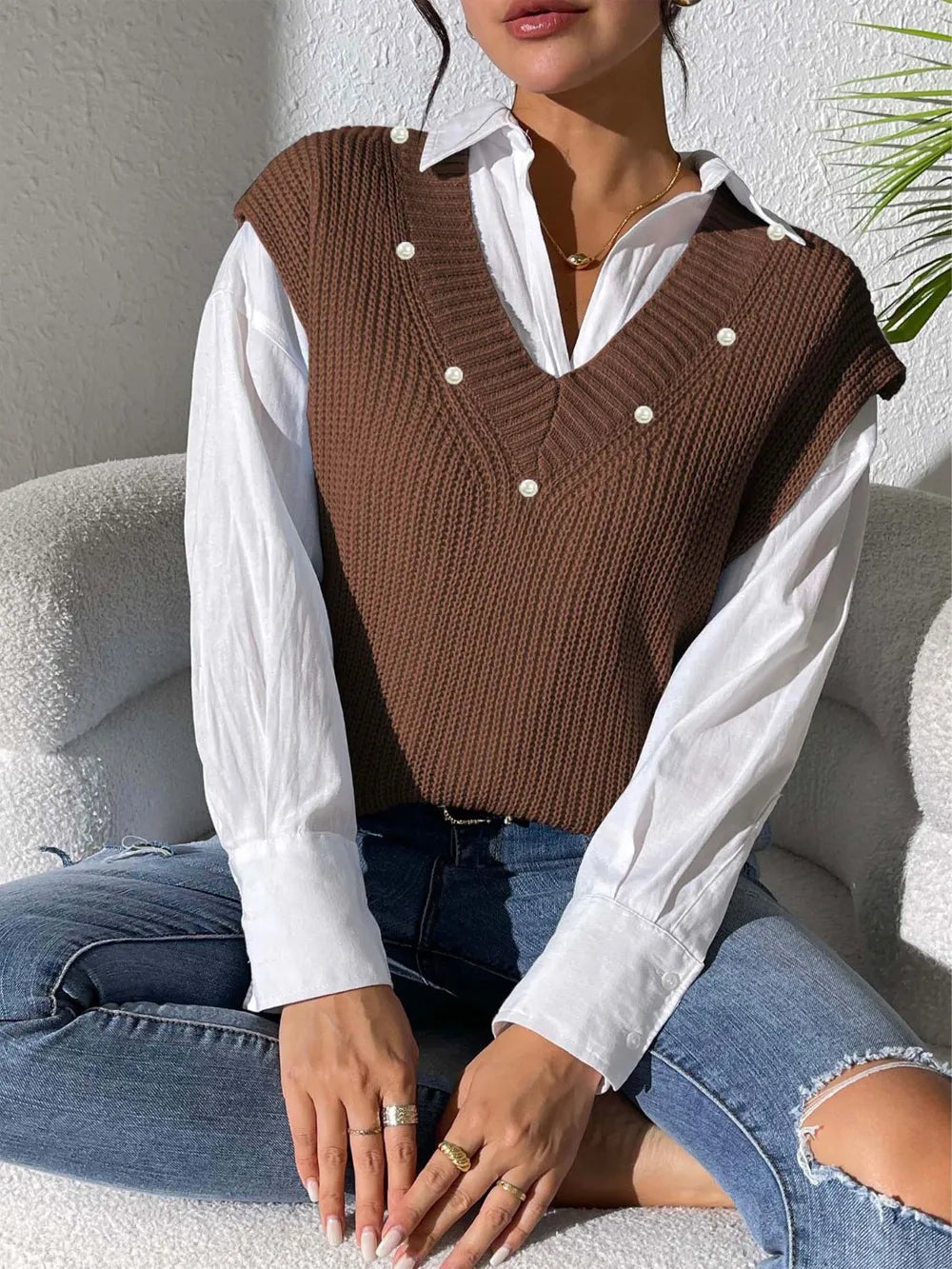Pearl Trim V-Neck Sweater Vest, view 2