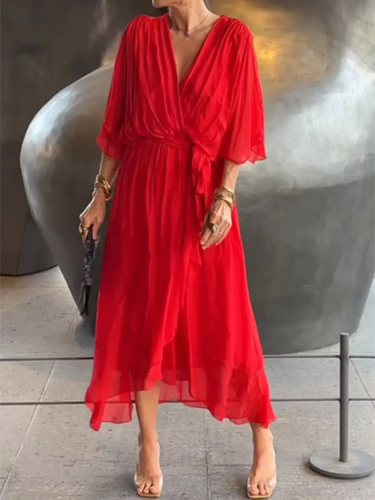 Full Size Chiffon Wrap Dress with Flutter Sleeves Plus Size - Lilixa.store