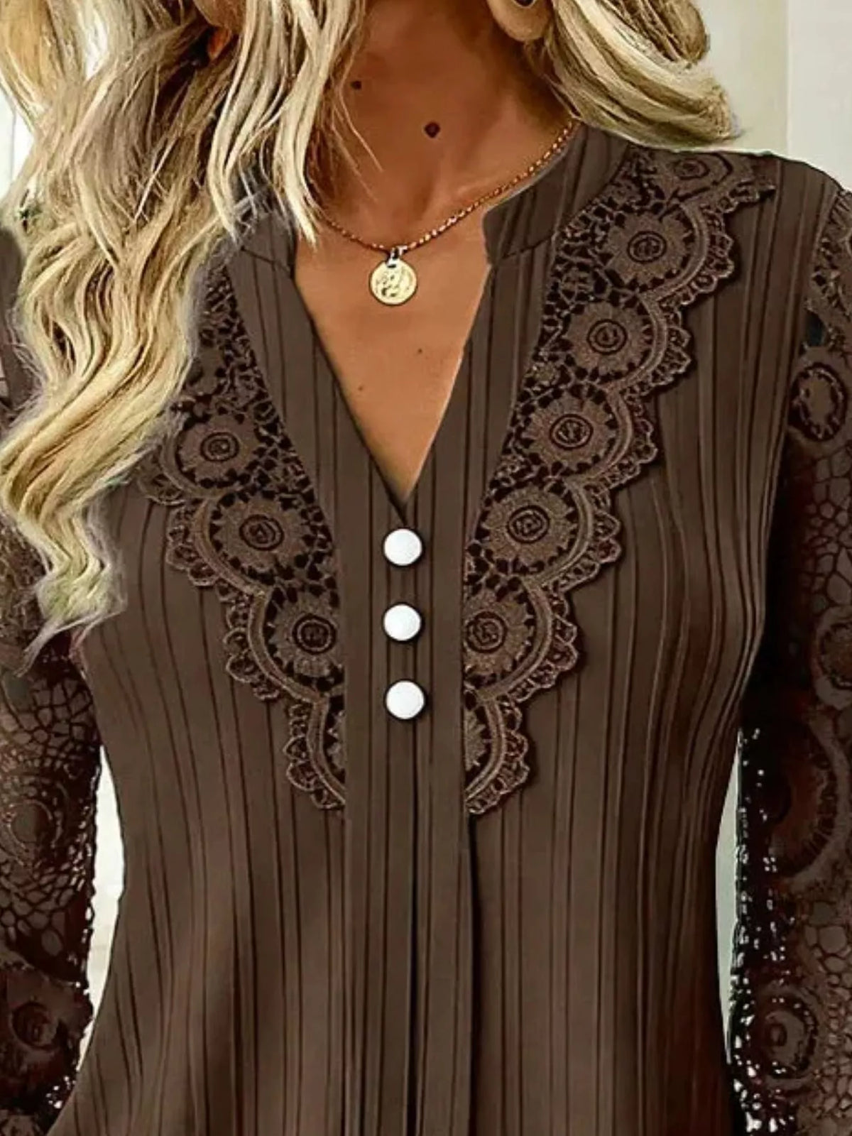 Lace Long Sleeve Notched Blouse - Lilixa.store