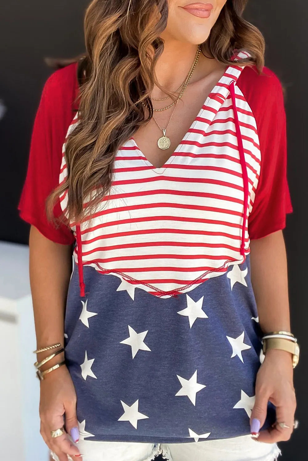 Stars and Stripes Print Drawstring Hoodie - Lilixa.store
