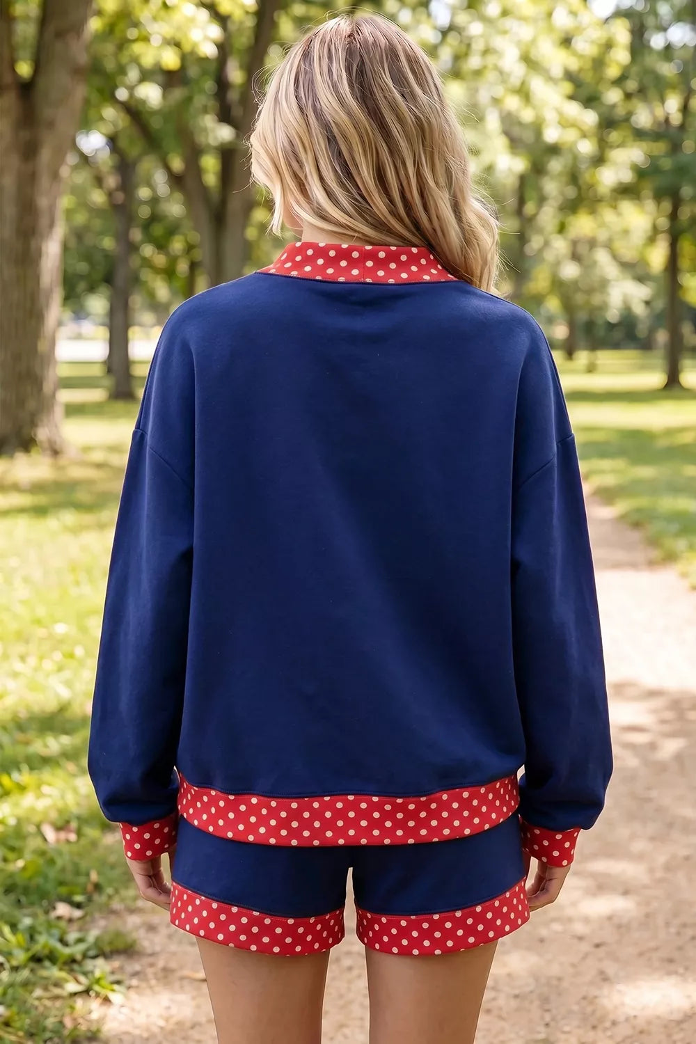 Polka Dot Trim Top and Shorts Set in Navy, view 4
