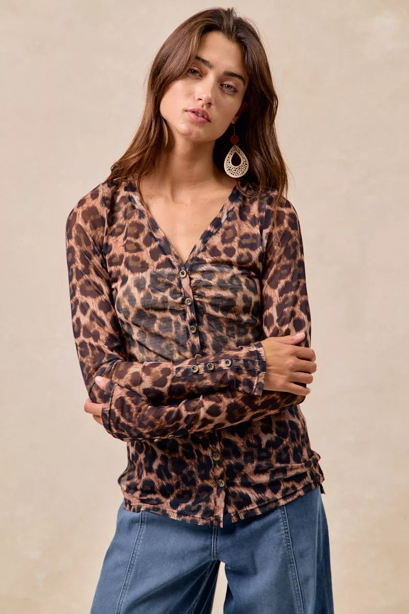 BiBi Leopard Printed Mesh Shirt With Button Up V Neck - Lilixa.store