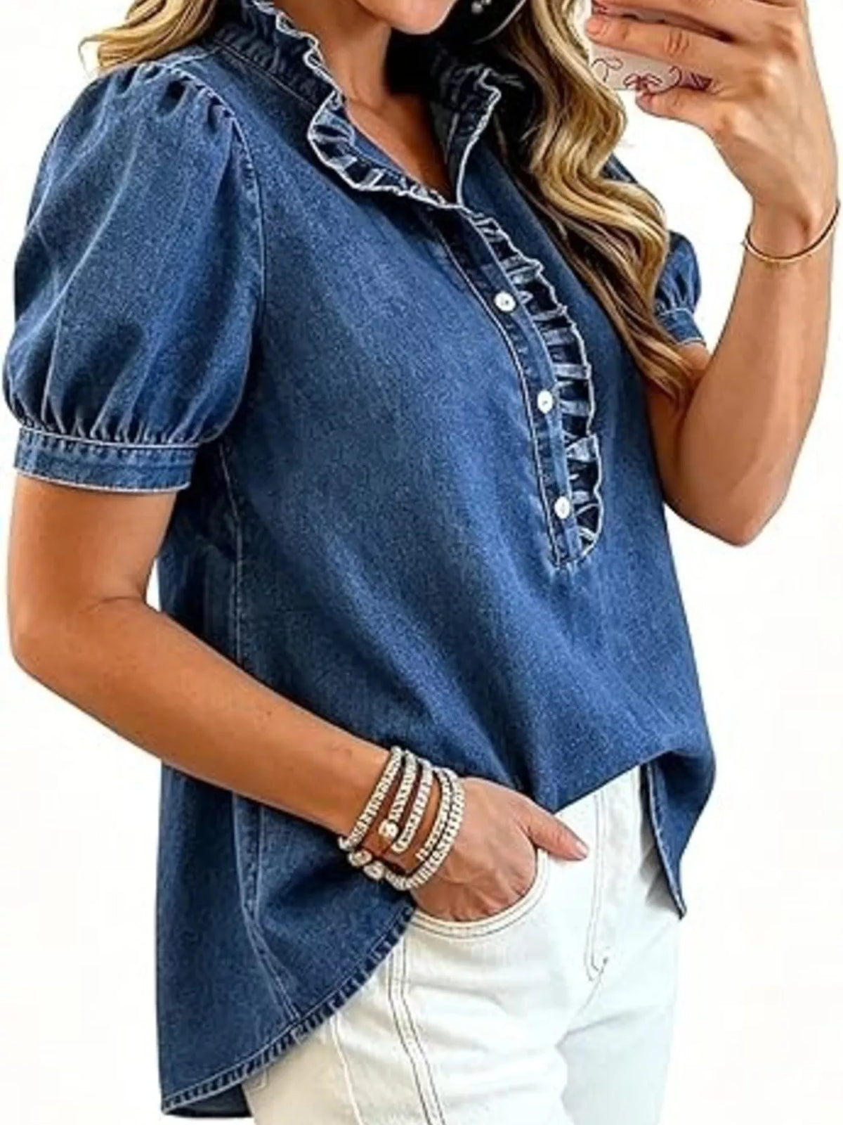 Frill Puff Sleeve Denim Top - Lilixa.store