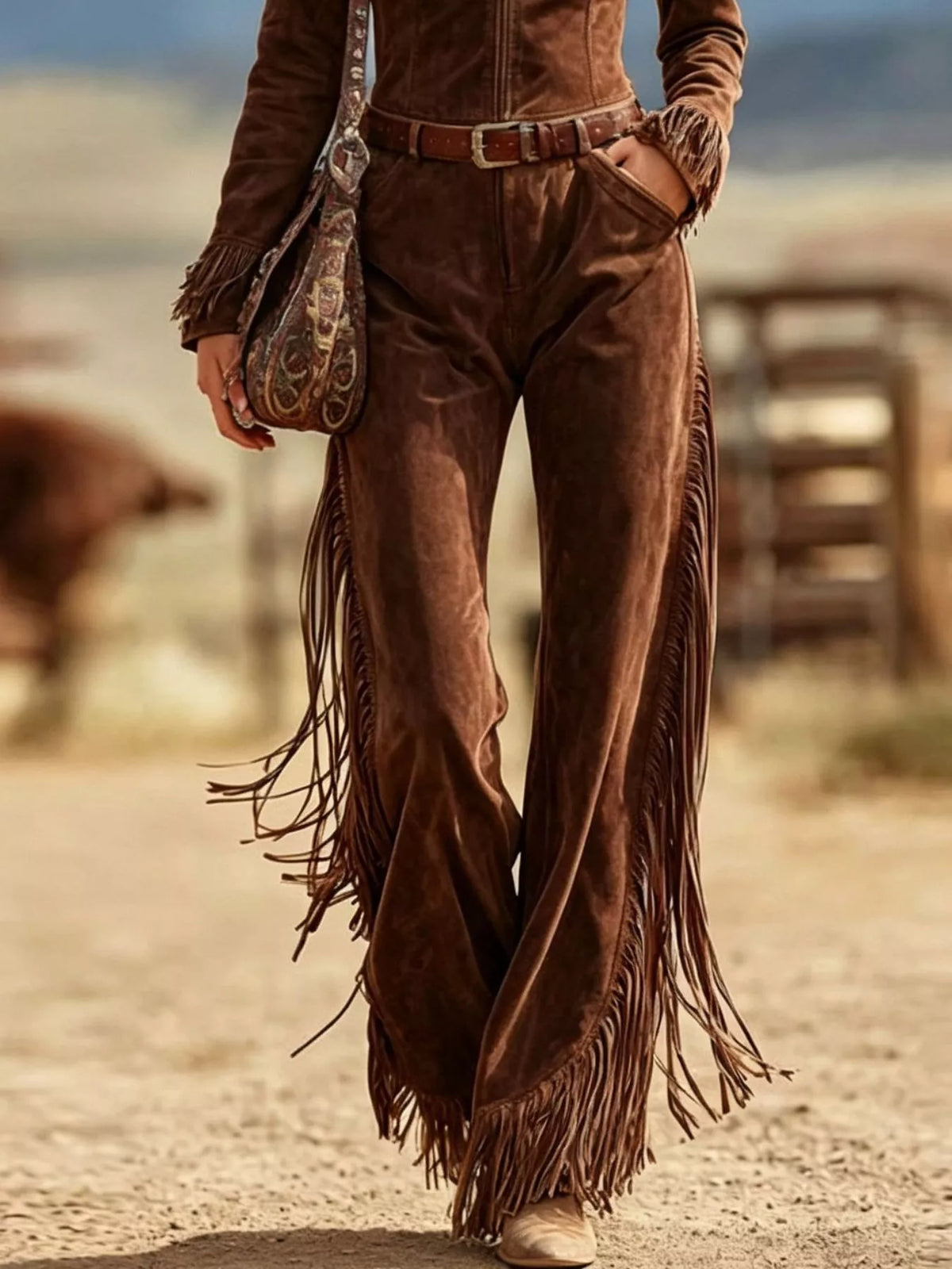 Western-Inspired Suede Fringe Jumpsuit with Zipper Front, view 2