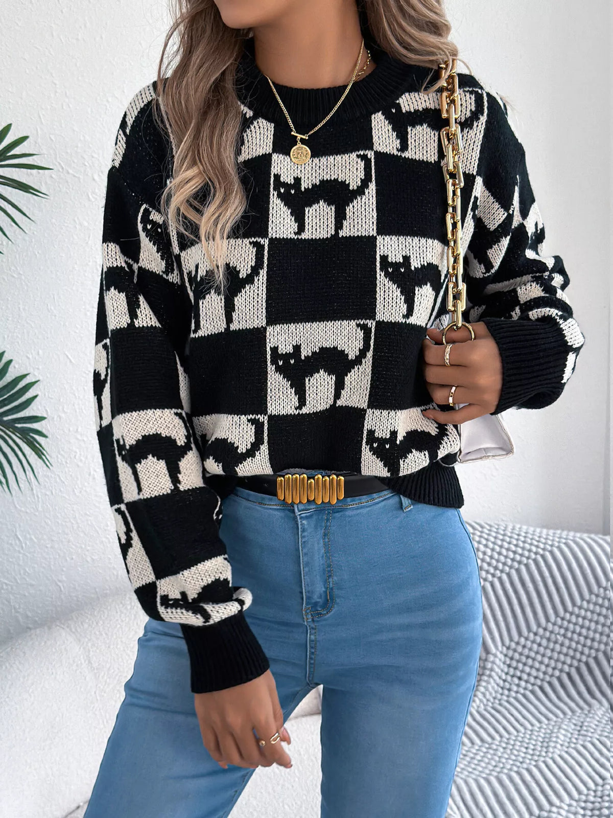 Checkerboard Halloween Graphic Sweater