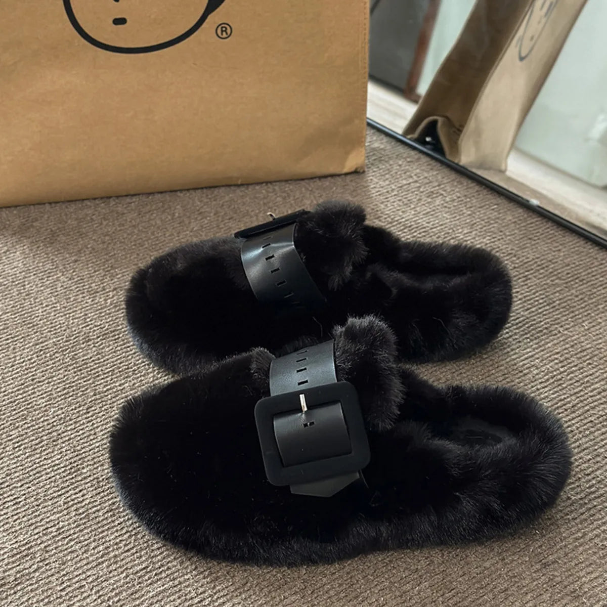 Faux Fur Buckle Slippers - Lilixa.store