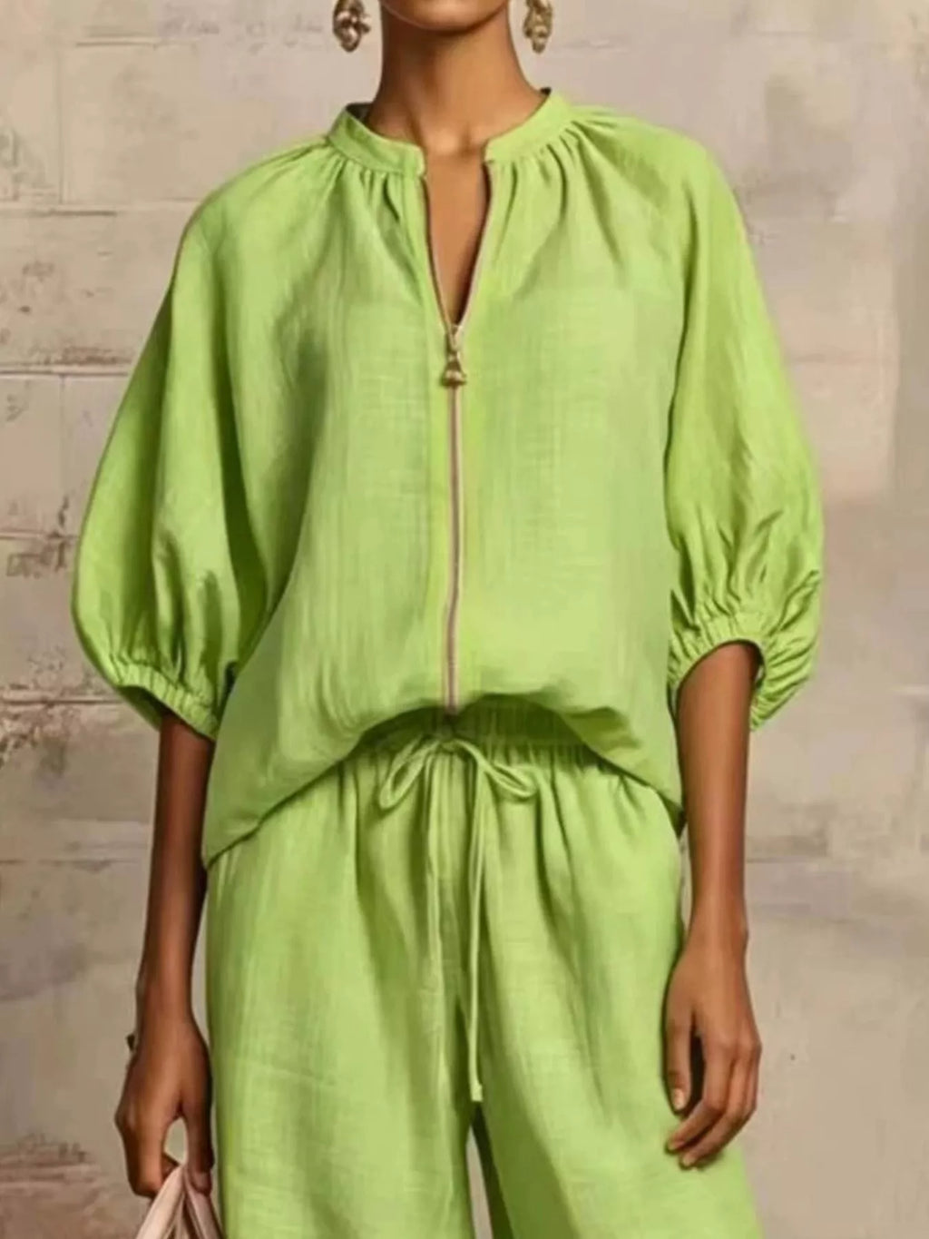 Full Size Zip-Front Top and Wide-Leg Pants Set Plus Size - Lilixa.store