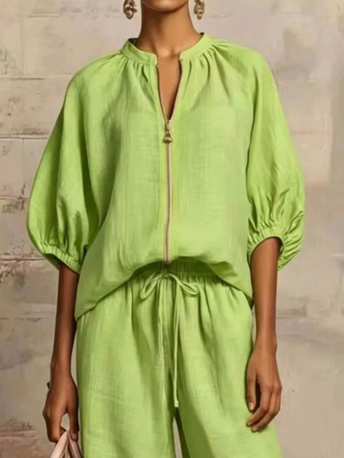 Full Size Zip-Front Top and Wide-Leg Pants Set Plus Size - Lilixa.store