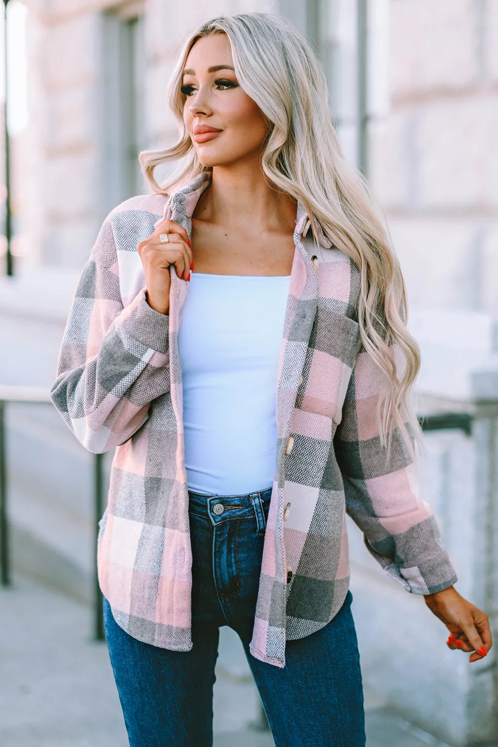 Plaid Button Up Dropped Shoulder Jacket in Blush Pink