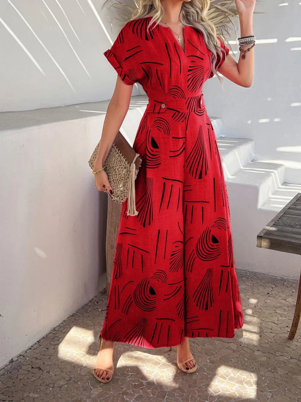 Devine Printed Notched Short Sleeve Wide Leg Jumpsuit - Lilixa.store