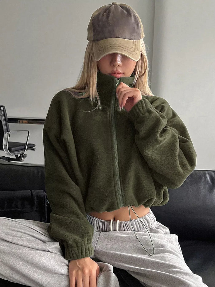 Honey Zip Up Long Sleeve Cropped Jacket in Army Green