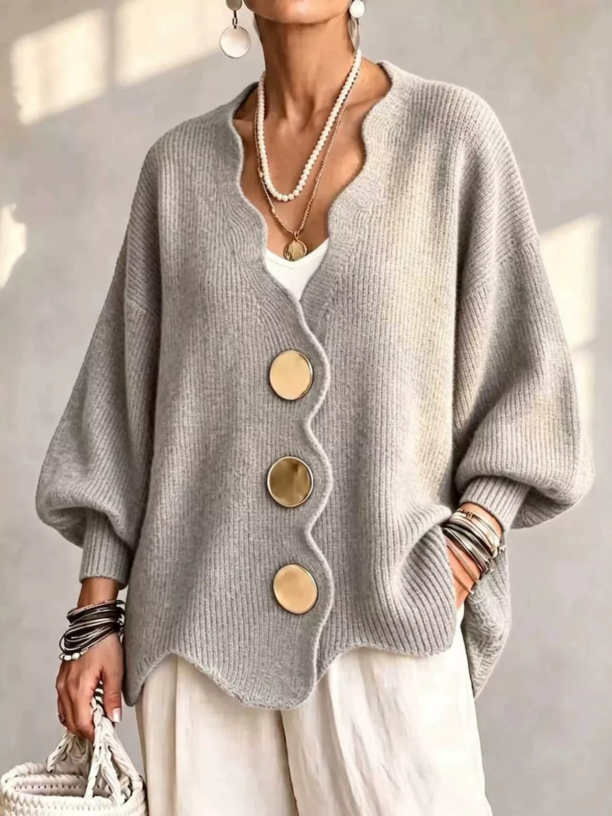 Full Size Scalloped-Edge Oversized Button-Down Cardigan Plus Size