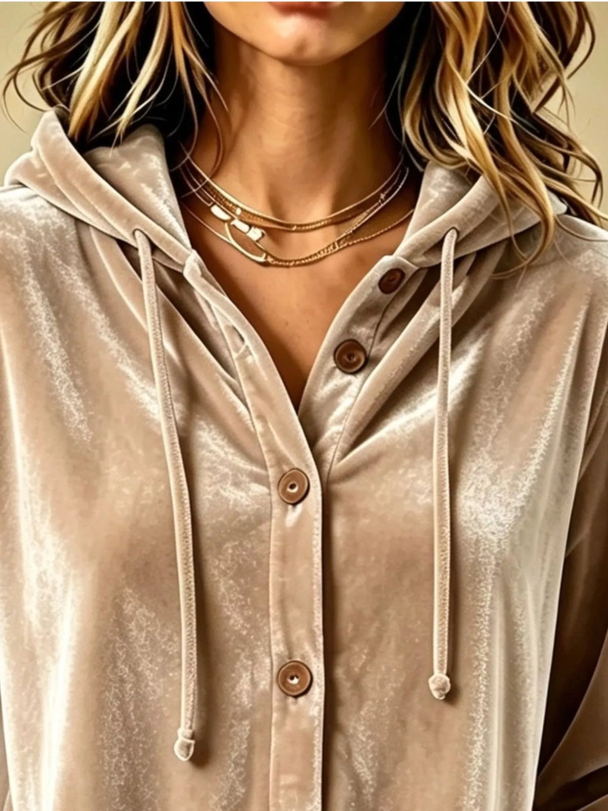 Full Size Velvet Button-Down Hooded Top Plus Size - Lilixa.store