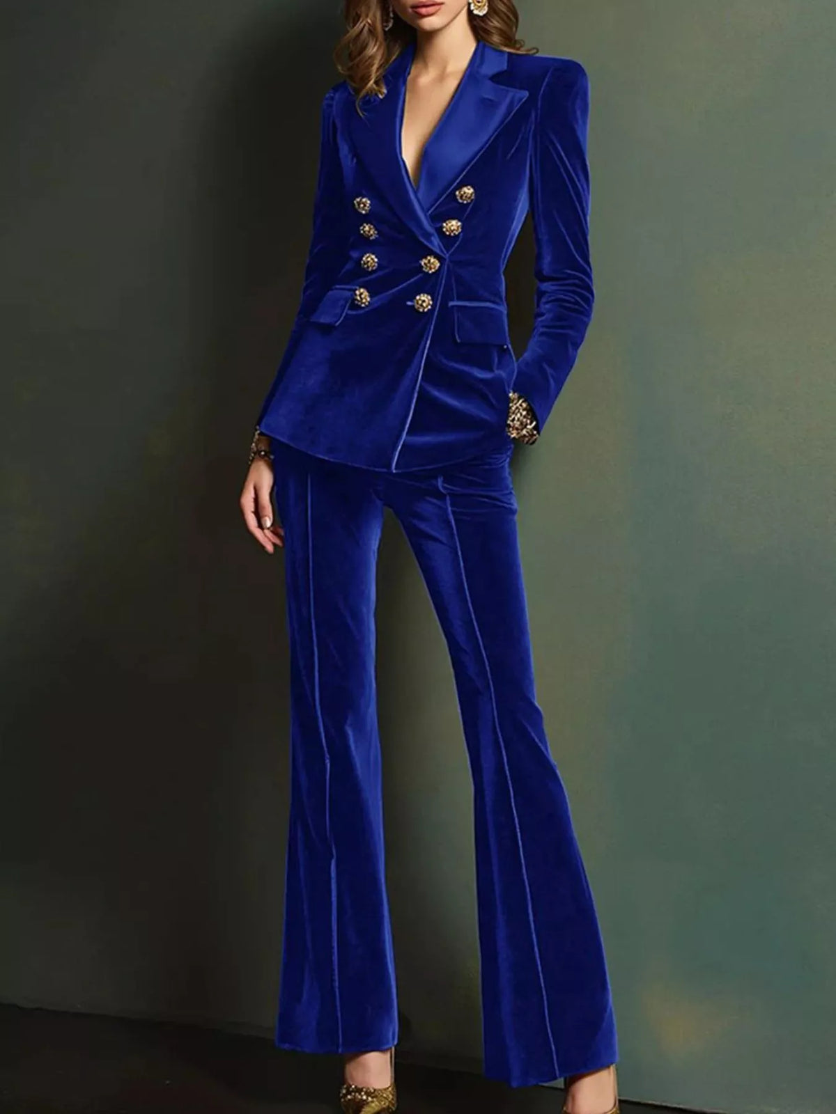 Velvet Double-Breasted Blazer and Flare Pant Set in Blue